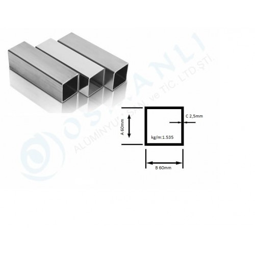 Alüminyum Kutu Profil 60mm X 60mm Et Kalınlık 2,5mm Alüminyum Kutu Profil 60mm X 60mm Et Kalınlık 2,5mm